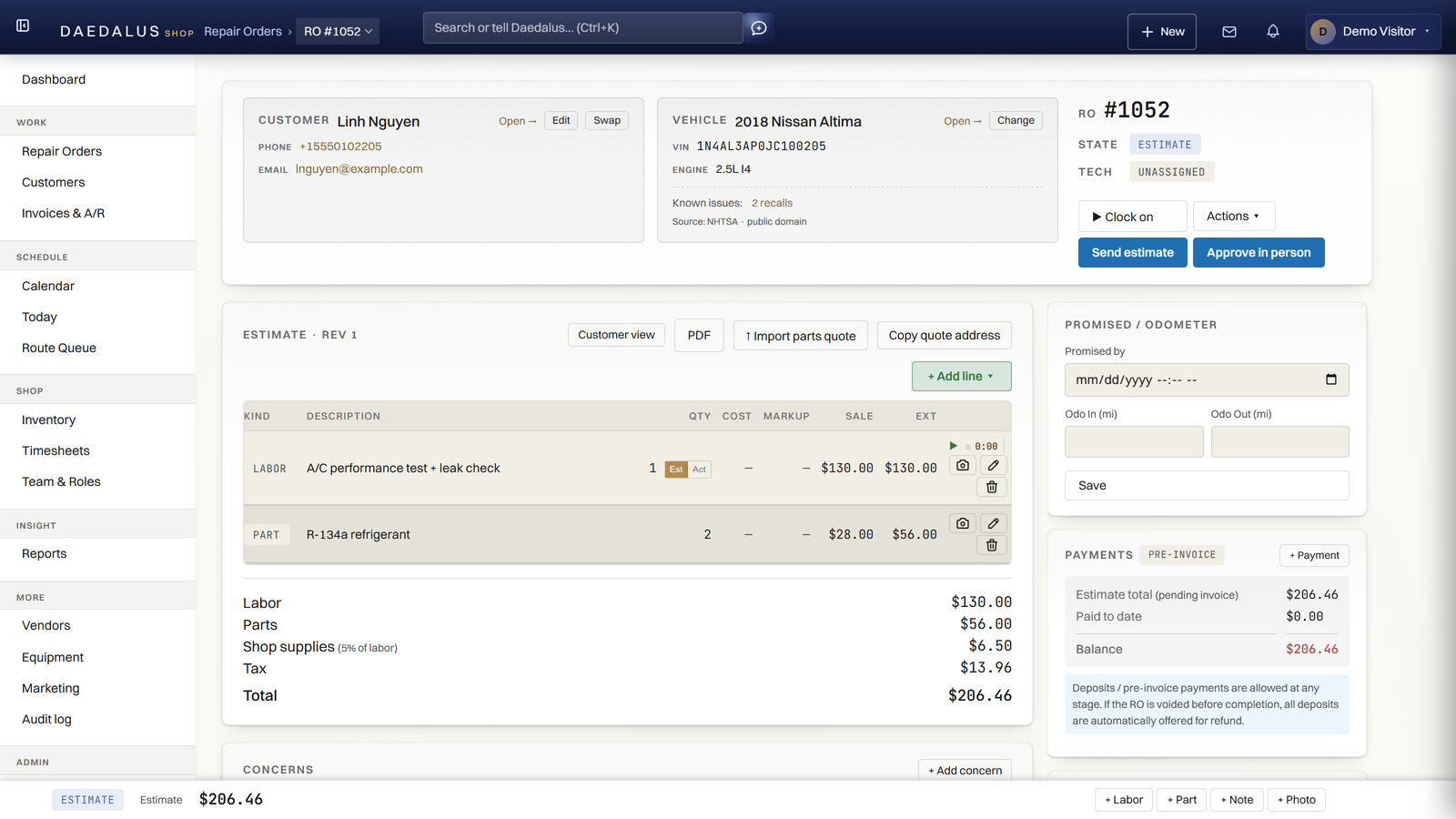 A Daedalus repair order: a priced estimate with a labor line and a parts line, shop supplies, tax and a $206.46 total, beside the customer and the 2018 Nissan Altima it is for.
